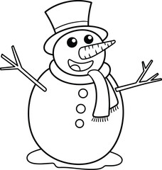 Cartoon snowman illustration, melting snow base, winter character, festive holiday icon, top hat, carrot nose, cheerful face, seasonal decoration