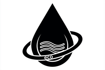 Black drop shape with white waves and eco text inside a ring water liquid