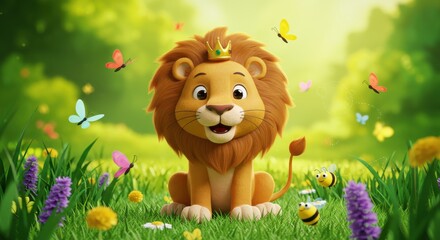 A cheerful lion cub, adorned with a golden crown, sits amongst vibrant butterflies and buzzing bees in a lush green meadow.