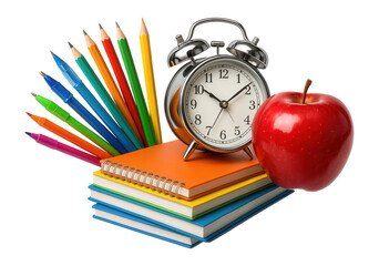 Colorful school items, apple, and alarm clock on white background.