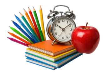 Colorful school items, apple, and alarm clock on white background.