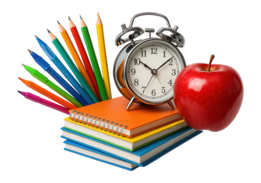 Colorful school items, apple, and alarm clock on white background.
