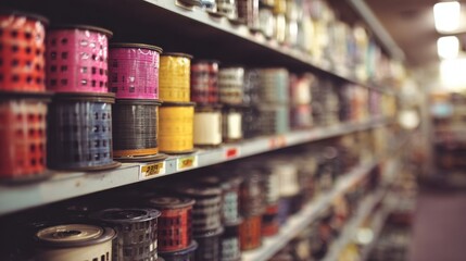 Film rolls displayed in an organized shelf highlighting classic vintage stock in sharp focus while contemporary reels fade softly into the background.