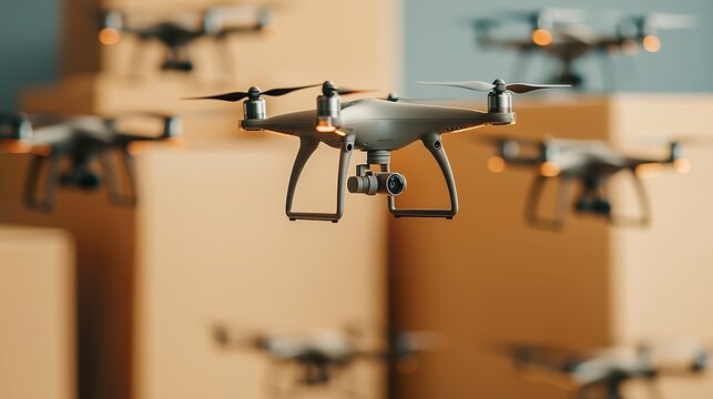 Automated drone delivery network hub with multiple drones taking off and landing, urban logistics, efficient last-mile delivery.  