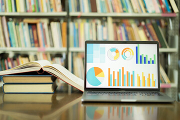 A laptop screen displaying a graph and a book placed on the table in the library, representing a business concept.	