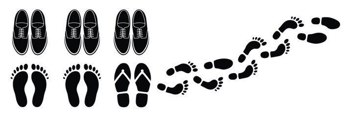 Human Footprints Vector Icons,  Barefoot, Sneakers, and Boots Silhouette Symbol Set for Environmental Projects, Hiking Trails, Travel Concepts, Eco Graphics, and Outdoor Adventure Creative Designs