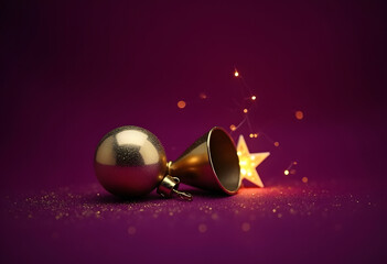 Gold Christmas Bell and Bauble with Glowing Star on a Purple Background