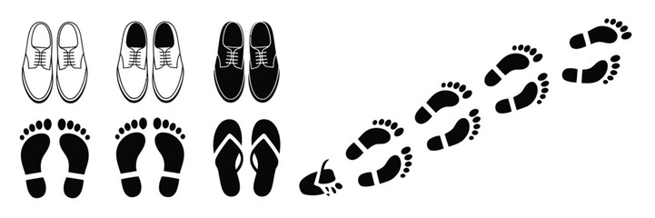 Different Human Footprints Vector Collection,  Barefoot, Sneaker, and Boot Silhouettes Icon Set for Eco-Friendly Designs, Hiking Trails, Travel Logos, Nature Concepts, and Outdoor Graphic Projects