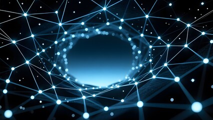 An intricate array of glowing blue nodes connect in an abstract tunnel