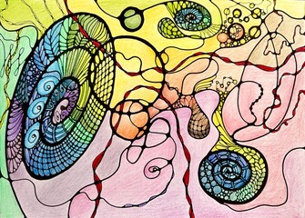 Neurographic style concept abstract traditional art illustration, circle, lines, markers and pencils