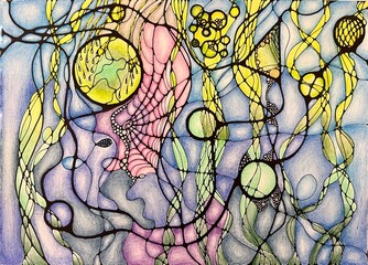 Neurographic style concept abstract traditional art illustration, circle, lines, markers and pencils