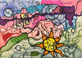 Neurographic style concept abstract traditional art illustration, circle, lines, markers and pencils