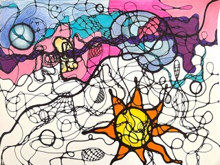 Neurographic style concept abstract traditional art illustration, circle, lines, markers and pencils
