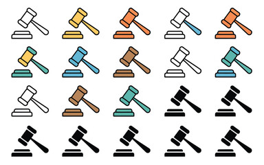Vector art of collection of gavel illustrations in various colors and styles, representing law, justice, and legal proceedings, ideal for legal websites, educational resources, and courtroom dramas