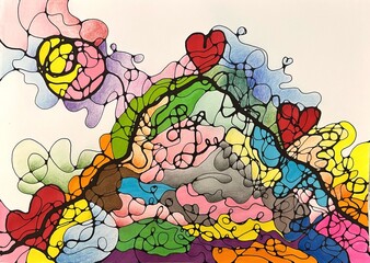 Neurographic style concept abstract traditional art illustration, circle, lines, markers and pencils