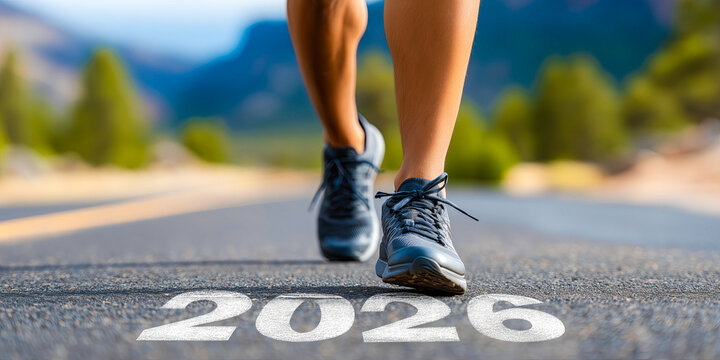 Man running on the mountain road towards new goals in 2026. New Year 2026 with new ambitions, challenge, plans, goals and visions.
