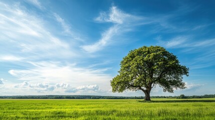 Fototapeta premium Vast field, lone tree, bright sky