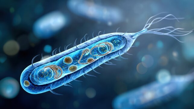 High detail microscopic view of paramecium moving with cilia, realistic protozoa biology macro