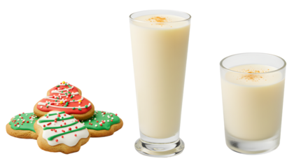 Glass of eggnog and short glass of eggnog with decorated Christmas cookies, festive winter holiday treat perfect for Christmas