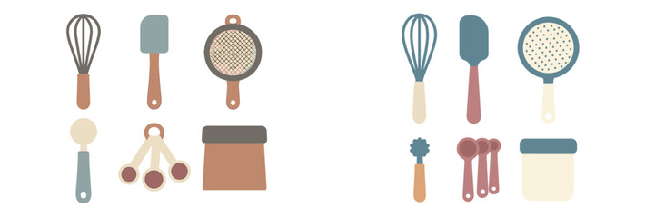 Kitchen utensils including whisks, measuring spoons, and sifters arranged in colorful design for baking and cooking activities