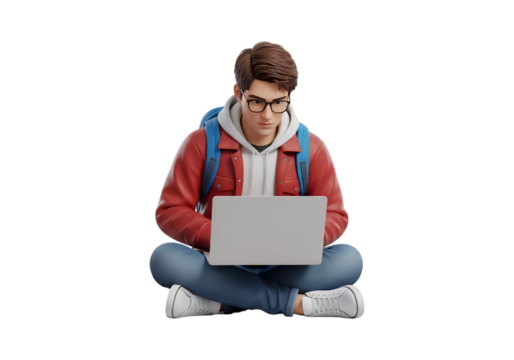 Young man using laptop while sitting crosslegged isolated on transparent background