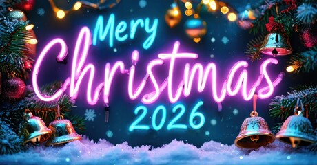 Bright neon sign displays Merry Christmas 2026. Festive scene includes bells, snow, lights, evergreen branches. Joyful holiday greeting.
