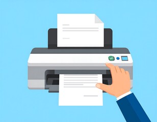 Hand operating a printer.  Flat, cartoon style