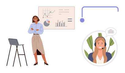 Obraz na płótnie Canvas Businesswoman standing near chart confidently presenting data, virtual call with customer support agent in headset. Ideal for teamwork, analytics, communication, customer service, training, support