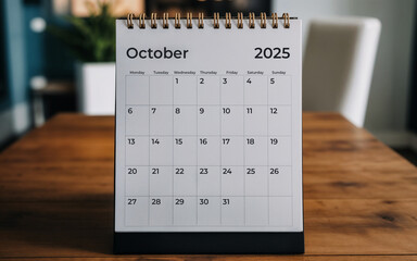 Desk Calendar October 2025, on wooden table in office. Monthly planner template. business planning, event concept.