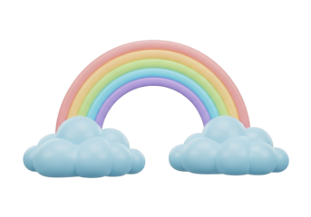 Pastel rainbow with clouds isolated on transparent background in 3d rendering