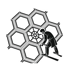 Fototapeta premium Man Inspecting Abstract Honeycomb Pattern A Minimalist Vector Design