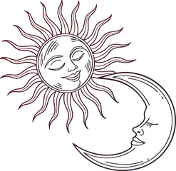 Funny drawing of a smiling sun and moon character with a woman's face and child's hair