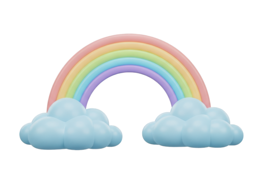 Pastel rainbow with clouds isolated on transparent background in 3d rendering