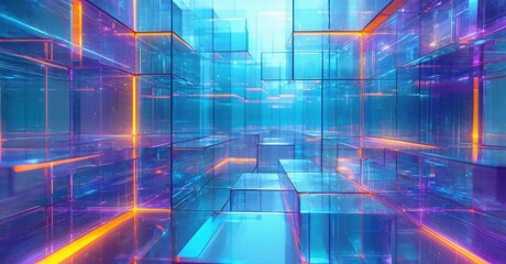 Abstract digital space. Glowing cubes create endless corridors. Blue, purple, orange hues dominate composition. Futuristic, immersive environment.