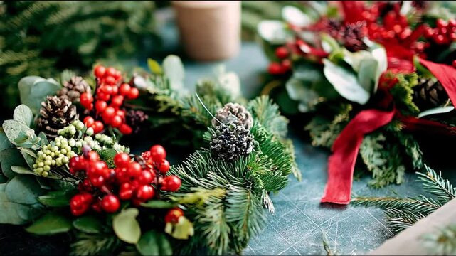 Wreaths feature pine berries cones  ribbon on a textured surface in a cozy festive setting