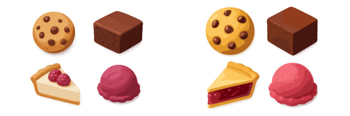 Collection of dessert emojis featuring cookies, brownie, pie, and ice cream in a playful arrangement
