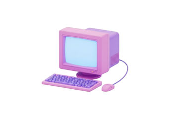 Retro pink computer with keyboard and mouse isolated on transparent background