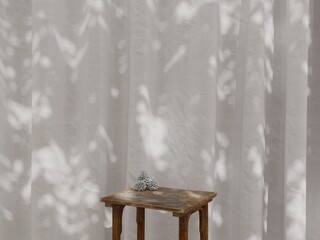 Pinecones on Wooden chair with Natural Light and Shadow on White Fabric Curtain Background 1