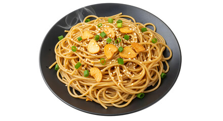 Plate of Asian garlic noodles with sesame seeds and green onion garnish, flavorful and savory pasta dish perfect for dinner or lunch