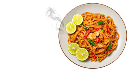 Plate of spicy stir-fried noodles with chicken, red chili peppers, green beans, and lime slices on white background, perfect for Asian cuisine menus