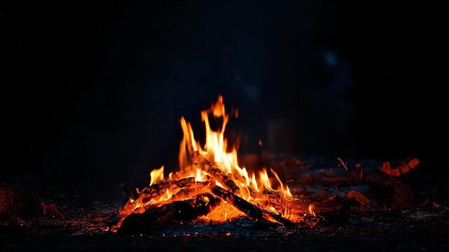 A bonfire ablaze in the dark Fiery flames rise from the burning logs
