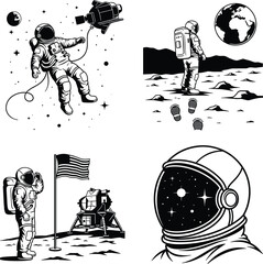 Astronauts in Space and on the Moon Vector Illustration Set with Planets, Spacecraft, and Cosmic Elements