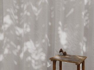  Pinecones on Wooden chair with Natural Light and Shadow on White Fabric Curtain Background 2