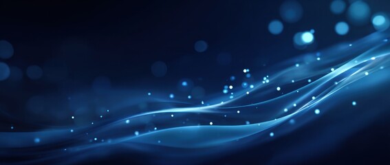 Abstract dark blue background with light blue waves and particles