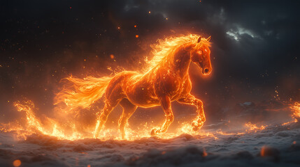 The Red Fire Horse, as the spirit of 2026, materializes from a huge bonfire on a snowy field.