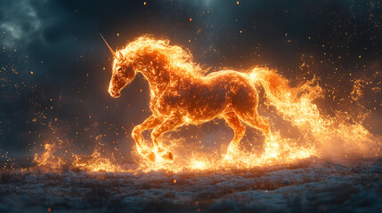 The Red Fire Horse, as the spirit of 2026, materializes from a huge bonfire on a snowy field.