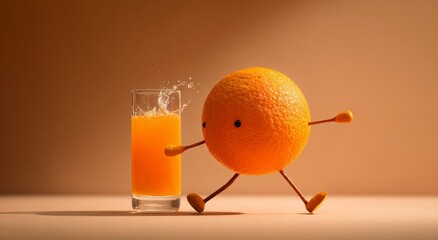 Animated Orange Character Jumping Towards Glass of Orange Juice in Creative Illustration