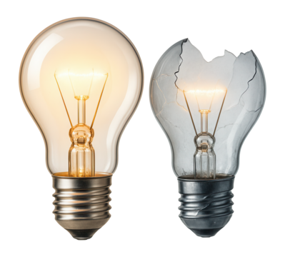 One damaged and one intact halogen light bulb.