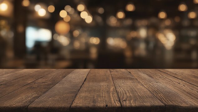 Empty wooden table in front of abstract blurred background of coffee shop . can be used for display or montage your products.Mock up for display of product 