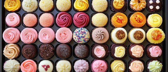 Colorful cupcakes assortment in baking tray various frostings and decorations